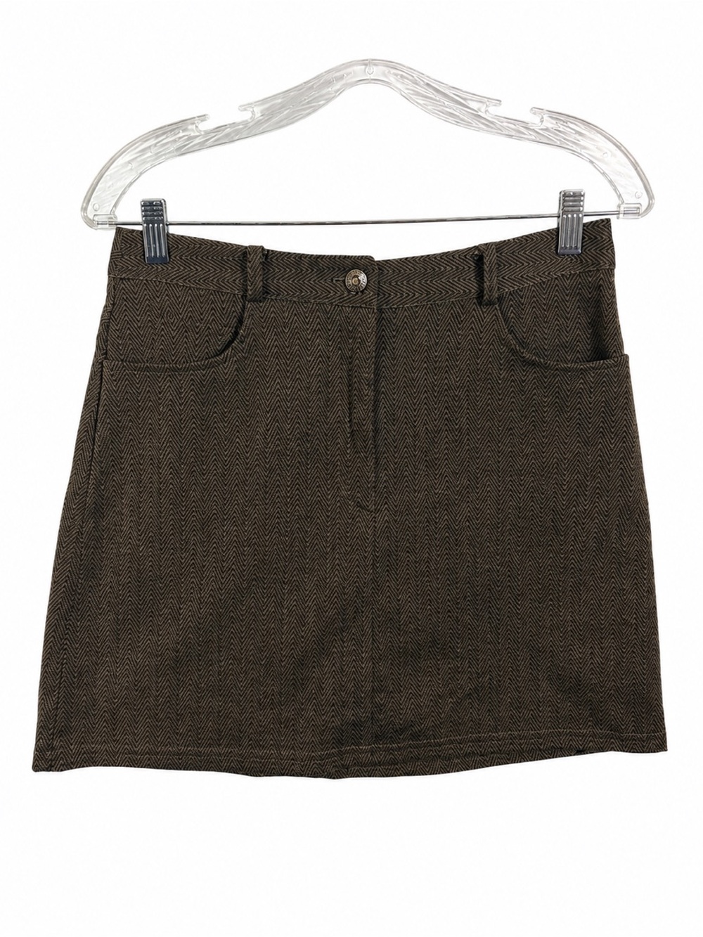 Rave Skirt Women 28.5 Waist Stretch Mini Brown Herringbone Vintage Y2K